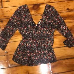 Sezane Double V-neck Floral Blouse